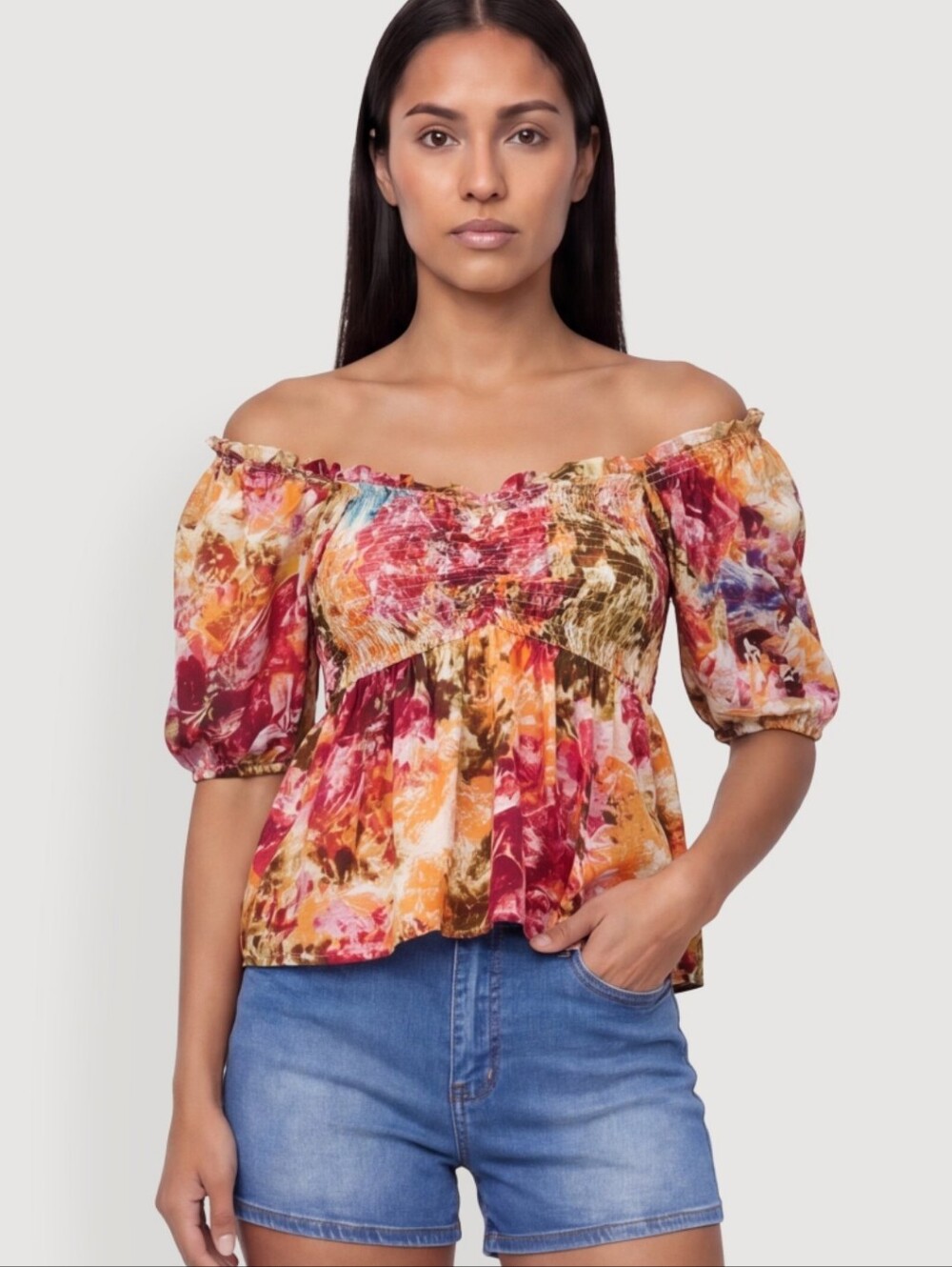 Pretty Off-Shoulder Floral Peasant Top in Multicolor